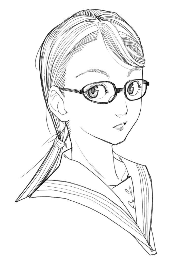 1girl, bangs, dan_evan, glasses, greyscale, looking_at_viewer, low_ponytail, monochrome