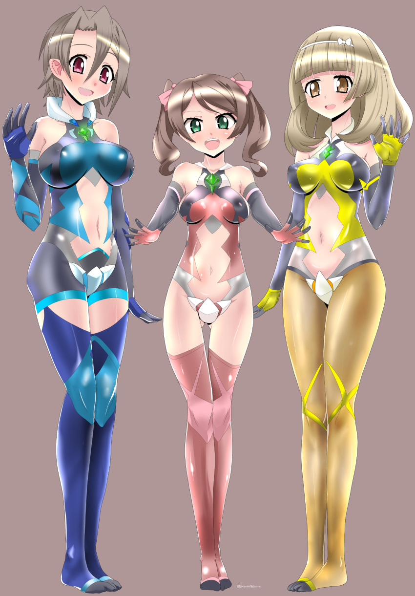 3girls, andou_kuriyo, bare_shoulders, blonde_hair, blush, bodysuit, breasts, brown_hair