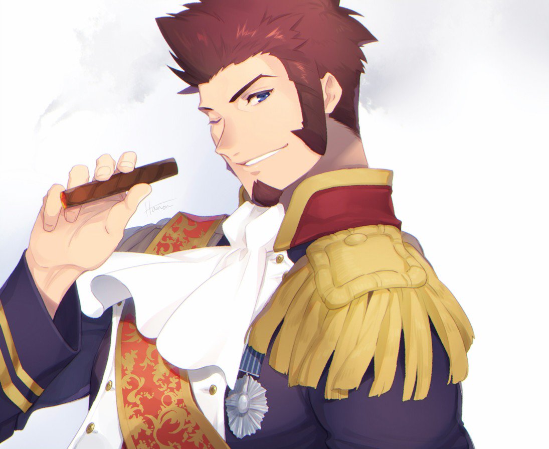 1boy, beard, blue_eyes, brown_hair, cigar, epaulettes, facial_hair, fate/grand_order