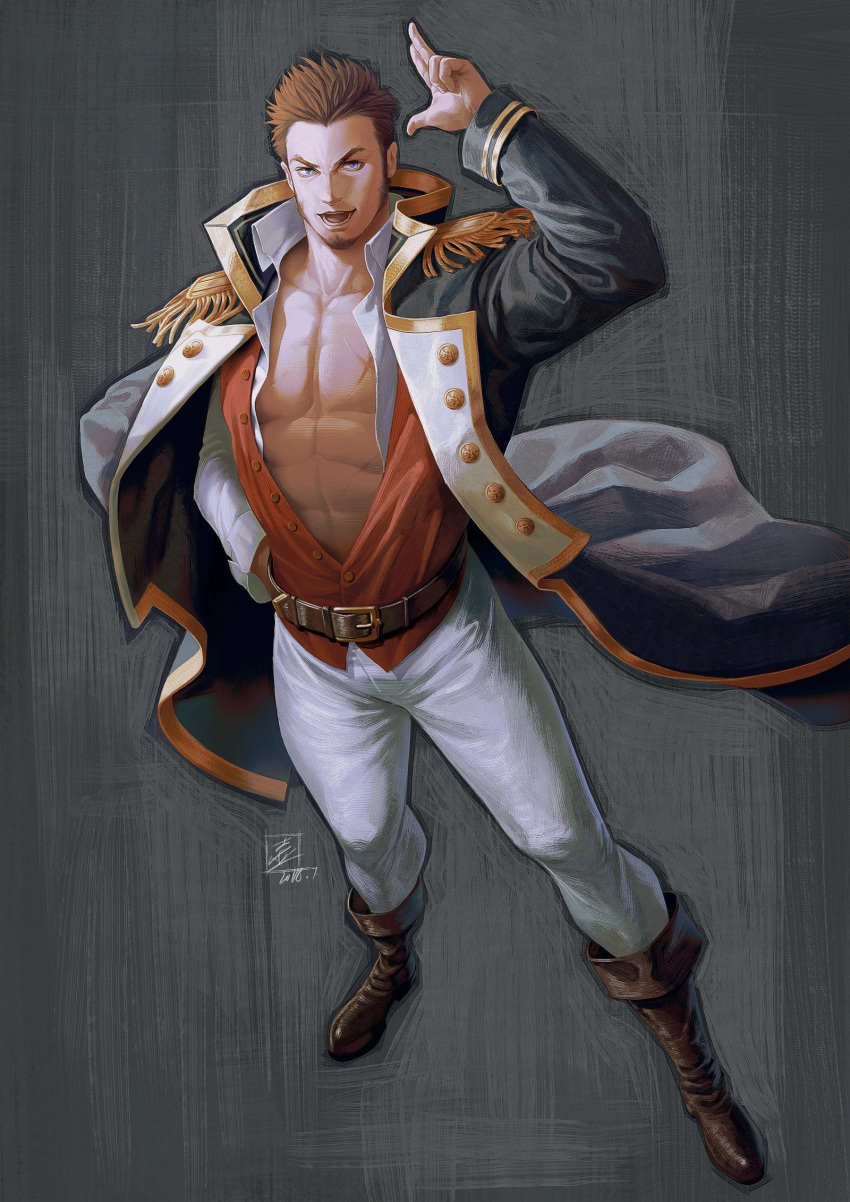 1boy, abs, beard, belt, bihu_(smallpot88), blue_eyes, boots, brown_hair
