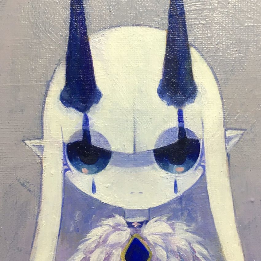 1girl, blue_choker, blue_eyes, blue_skin, choker, closed_mouth, facial_mark, fur_trim, gem, highres, horns, long_hair, masyu_ori, original, pointy_ears, solo, traditional_media, upper_body, white_hair