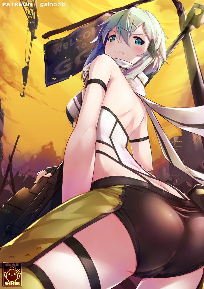 1girl, anti-materiel_rifle, aqua_eyes, aqua_hair, ass, black_shorts, blush, breasts