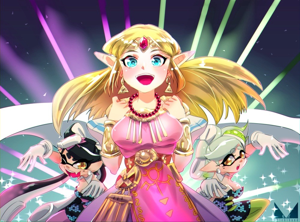 +_+, 3girls, :d, ;d, aori_(splatoon), artist_logo, bangs, bead_necklace, beads, black_dress, black_hair, black_jumpsuit, blonde_hair, blue_eyes, bracer, breasts, brown_eyes, chichi_band, circlet, commentary, company_connection, cousins, domino_mask, dress, earrings, eyebrows_visible_through_hair, fangs, food, food_on_head, gradient_hair, green_hair, green_legwear, grey_hair, hotaru_(splatoon), jewelry, long_hair, looking_at_viewer, mask, medium_breasts, mole, mole_under_eye, multicolored_hair, multiple_girls, necklace, object_on_head, one_eye_closed, open_mouth, pantyhose, pink_dress, pointy_ears, princess_zelda, print_dress, purple_hair, purple_legwear, red_sash, short_dress, short_jumpsuit, sleeveless, sleeveless_dress, small_breasts, smile, sparkle, splatoon_(series), splatoon_1, squid_pose, standing, strapless, super_smash_bros., sushi, tentacle_hair, triforce, very_long_hair, yellow_headwear
