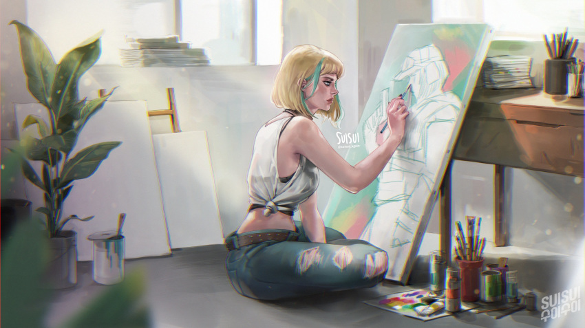 1girl, absurdres, artist_name, blonde_hair, bob_cut, camisole, casual, commentary