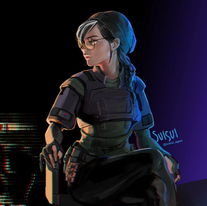 1girl, beanie, black_hair, breastplate, breasts, commentary, crossed_legs, dokkaebi_(rainbow_six_siege)