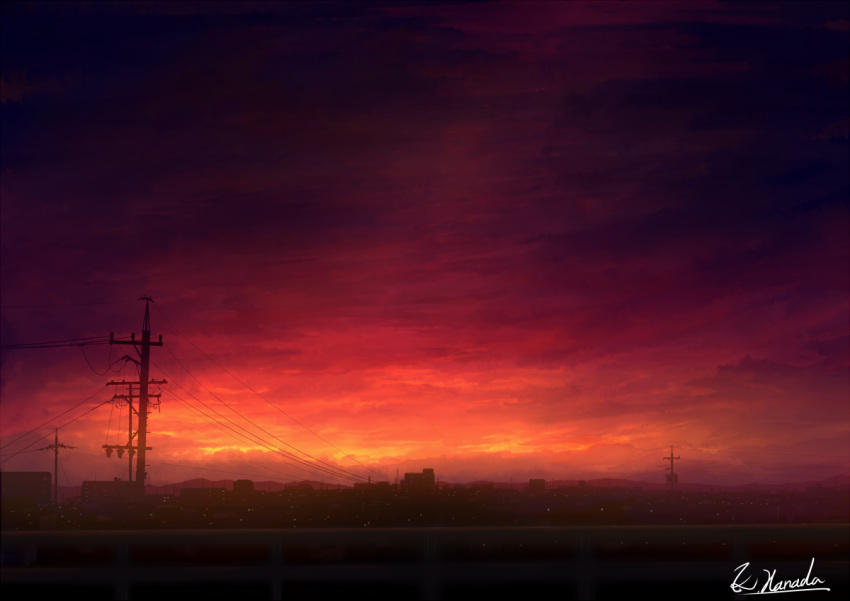 alu.m_(alpcmas), blurry, building, city, city_lights, clouds, cloudy_sky, commentary, dark, depth_of_field, hill, horizon, no_humans, original, power_lines, scenery, signature, sky, sunset, telephone_pole