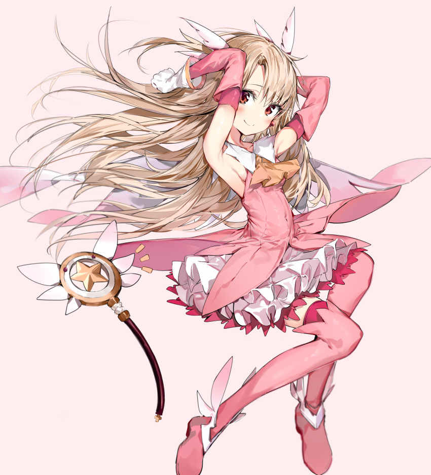 1girl, absurdres, armpits, arms_up, ascot, bangs, bare_shoulders, blonde_hair