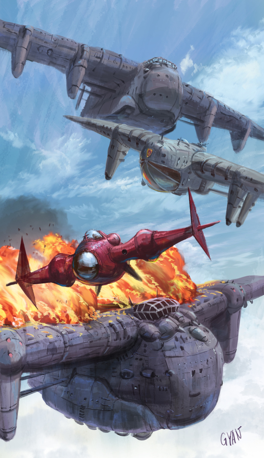 aerial_battle, aircraft, airplane, asbel_(nausicaa), battle, clouds, dogfight, fire, flying, gyan_(akenosuisei), highres, kaze_no_tani_no_nausicaa, military, signature, sky, studio_ghibli, war