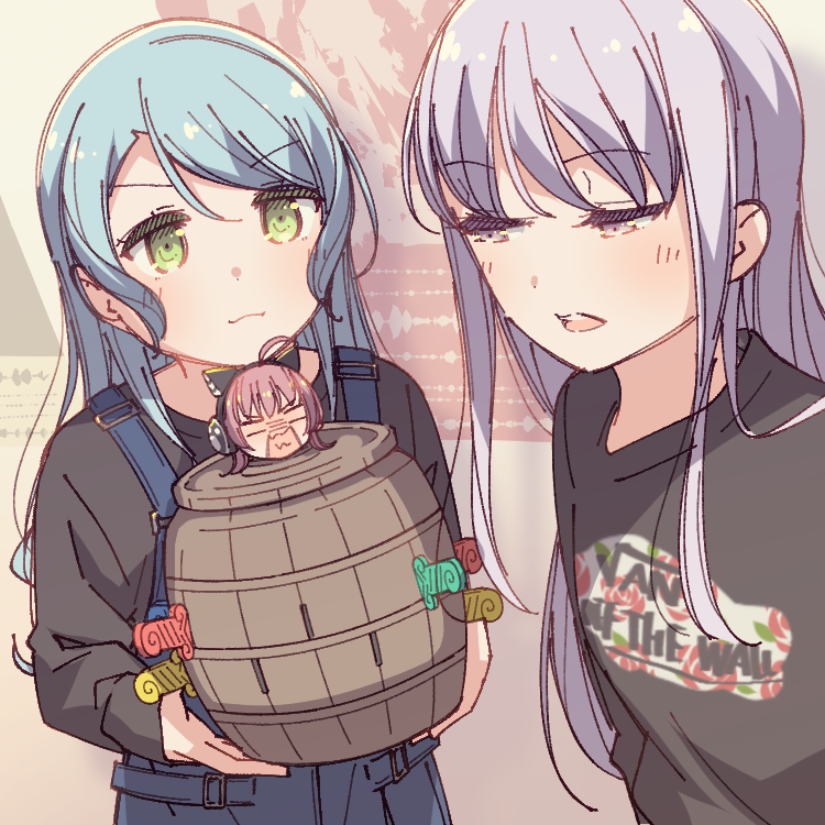 2girls, :3, ahoge, aiba_aina, aqua_hair, ayasaka, bang_dream!, bangs, barrel, black_shirt, cat_ear_headphones, character_doll, clothes_writing, commentary, green_eyes, grey_hair, half-closed_eyes, headphones, hikawa_sayo, holding, kudou_haruka_(seiyuu), long_hair, long_sleeves, minato_yukina, multiple_girls, open_mouth, overalls, photo-referenced, pop-up_pirate, redhead, seiyuu_connection, shirt, symbol_commentary, upper_body, v-shaped_eyebrows, vans