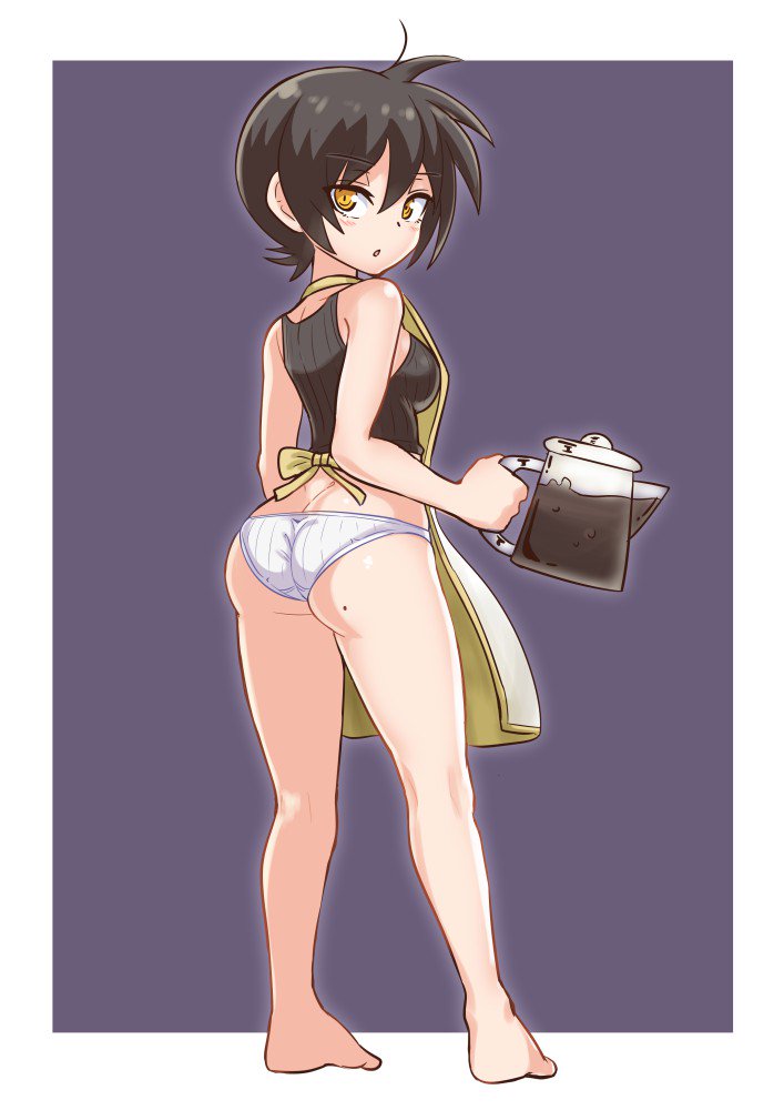 1girl, ass, black_hair, blush, breasts, cougar1404, eyebrows_visible_through_hair, hair_between_eyes, looking_at_viewer, medium_breasts, nari_(cougar1404), open_mouth, original, panties, short_hair, solo, standing, underwear, white_panties, yellow_eyes