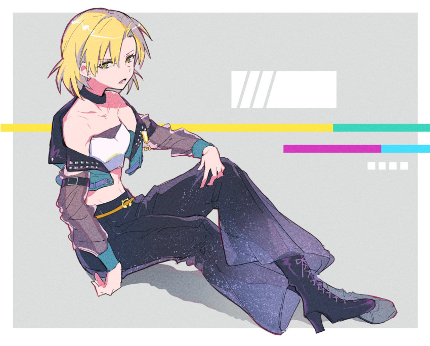 1girl, arm_belt, bang_dream!, bang_dream!_girls_band_party!, black_choker, black_footwear, black_pants, blonde_hair, boots, choker, crossed_legs, detached_sleeves, grey_background, hand_on_own_knee, high_heel_boots, high_heels, looking_at_viewer, open_mouth, pants, sato_masuki, satou_masuki, see-through, shiontaso, short_hair, sitting, solo, strapless, studded_vest, tubetop, v-shaped_eyebrows, vest, yellow_eyes