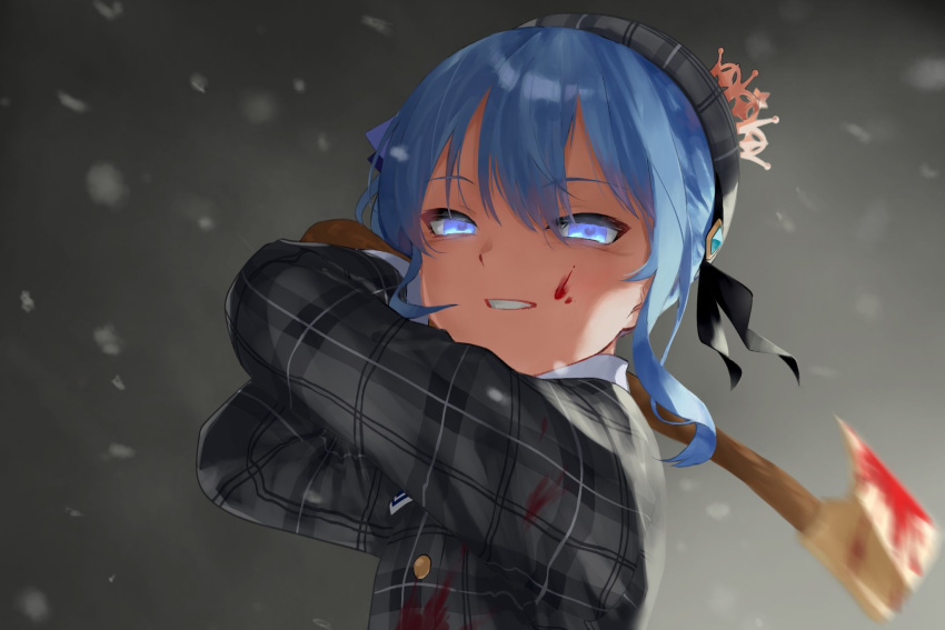 1girl, axe, beret, blood, blood_on_face, bloody_axe, bloody_clothes, bloody_weapon