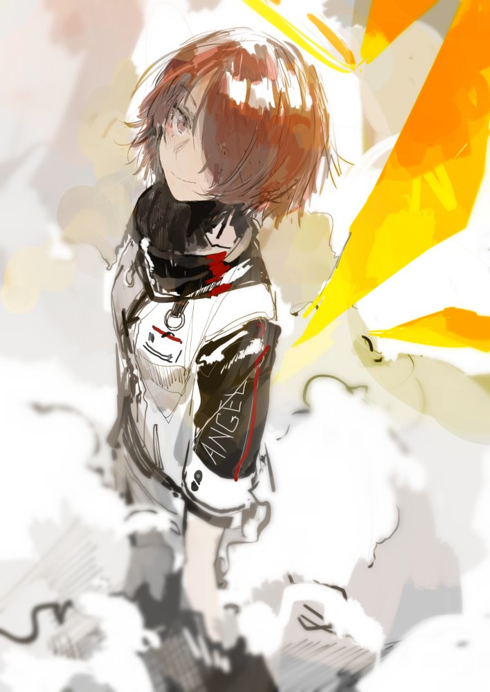 1girl, arknights, bangs, blush, brown_eyes, clothes_writing, custom_(cus-tom), energy_wings, exusiai_(arknights), eyebrows_visible_through_hair, hair_over_one_eye, halo, id_card, jacket, redhead, smile, smoke, solo, wings