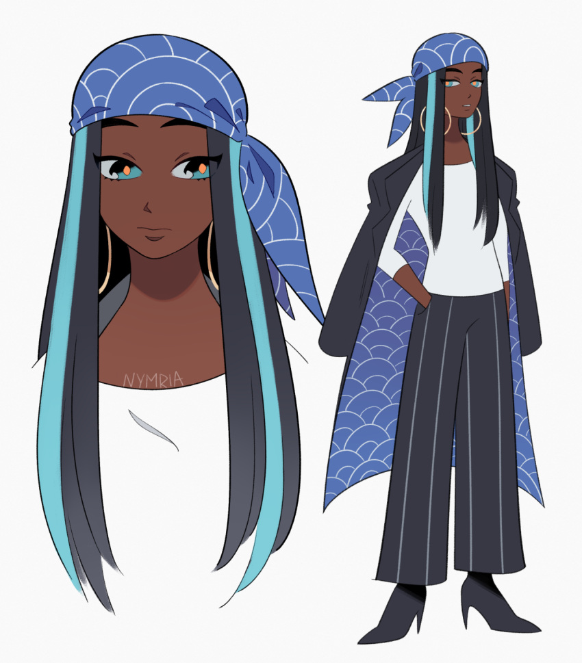1girl, aqua_eyes, aqua_hair, artist_name, black_coat, black_footwear, black_hair, black_pants