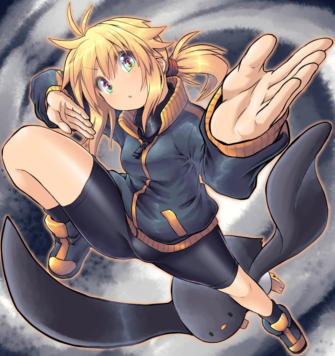 ahoge, bike_shorts, bird, blonde_hair, breasts, fighting_stance, highres, hijikata-san_(m.m)