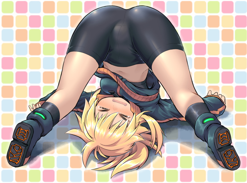 >_<, ahoge, antenna_hair, ass, bike_shorts, blonde_hair, jacket, koshirae_tsurugi, long_hair, m.m, multicolored, multicolored_eyes, original, ponytail, shorts, sidelocks, tears, track_jacket, tripped