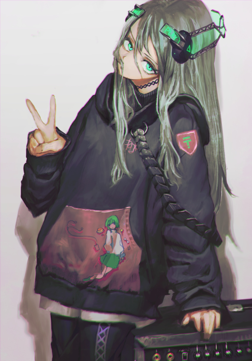 1girl, black_hoodie, black_pants, choker, chromatic_aberration, cowboy_shot, green_eyes, green_hair