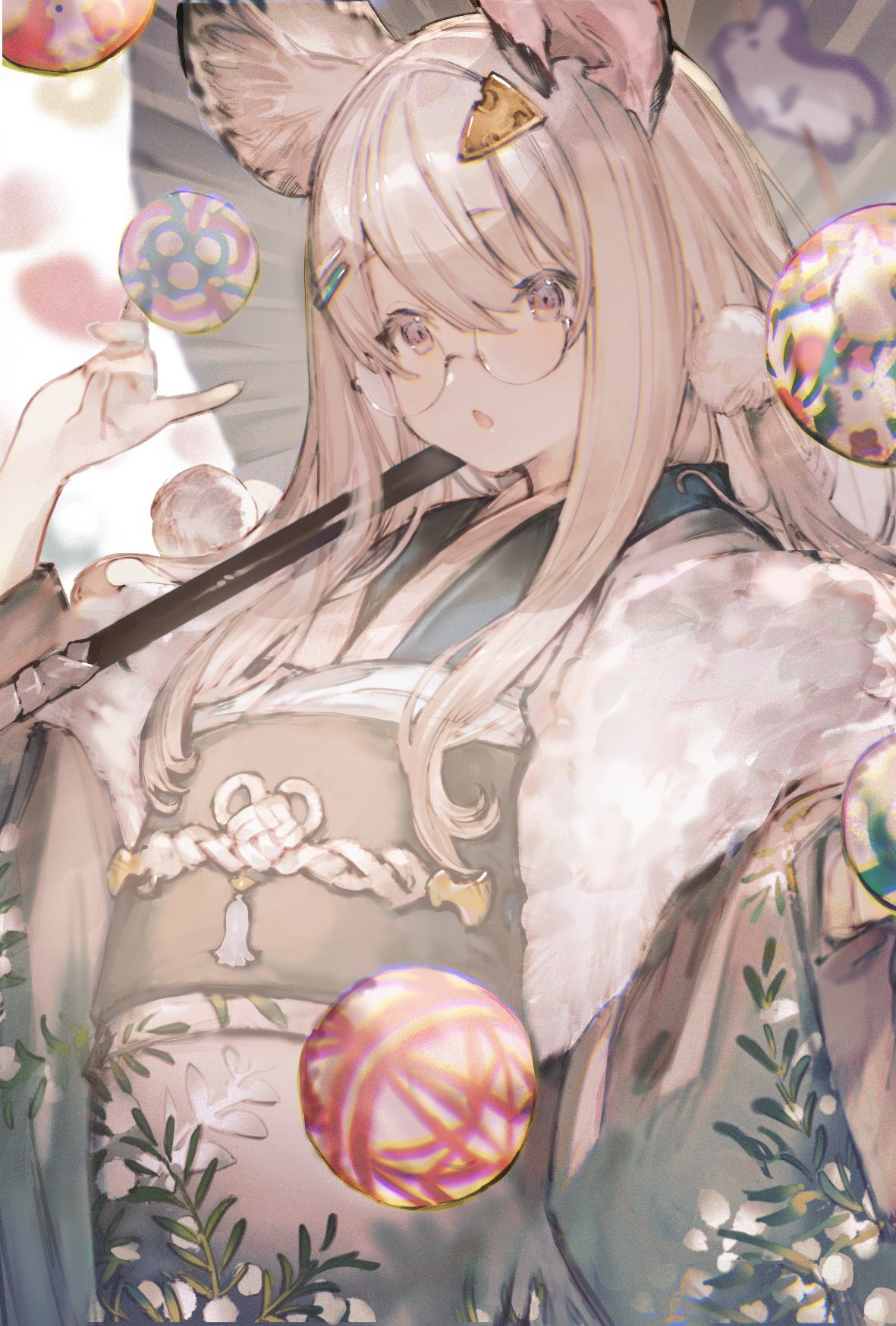 1girl, animal_ears, ball, bangs, cheese_hair_ornament, chinese_zodiac, chromatic_aberration, glasses