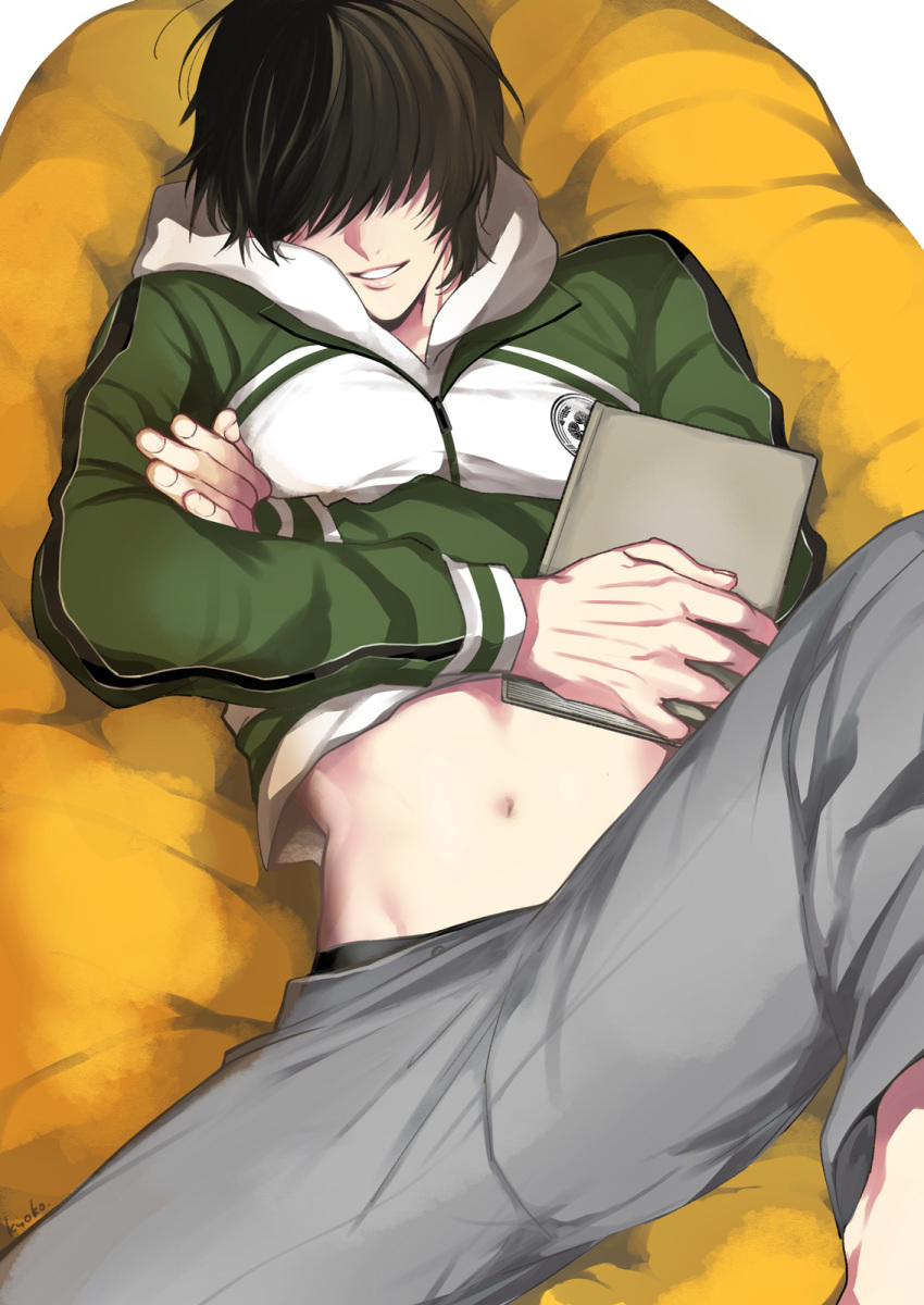 1boy, black_hair, book, crossed_arms, green_jacket, hair_over_eyes, highres, holding