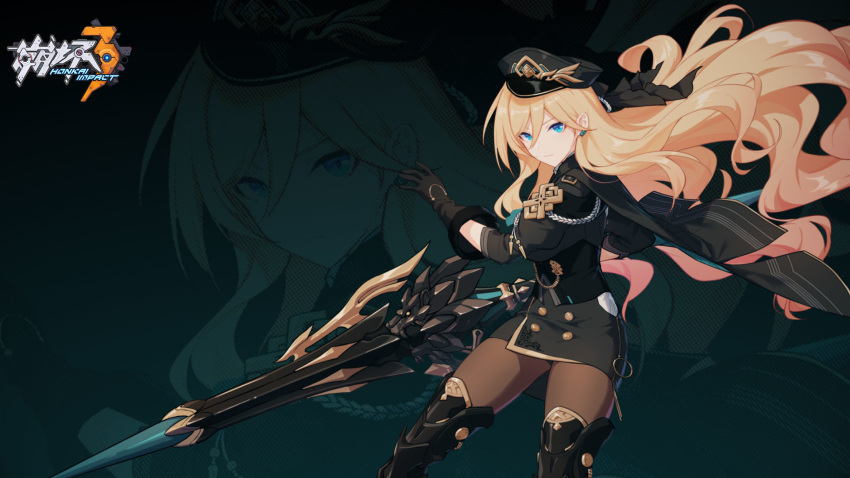 1girl, bianka_durandal_ataegina, black_gloves, blonde_hair, blue_eyes, durandal_(honkai_impact), earrings, gloves