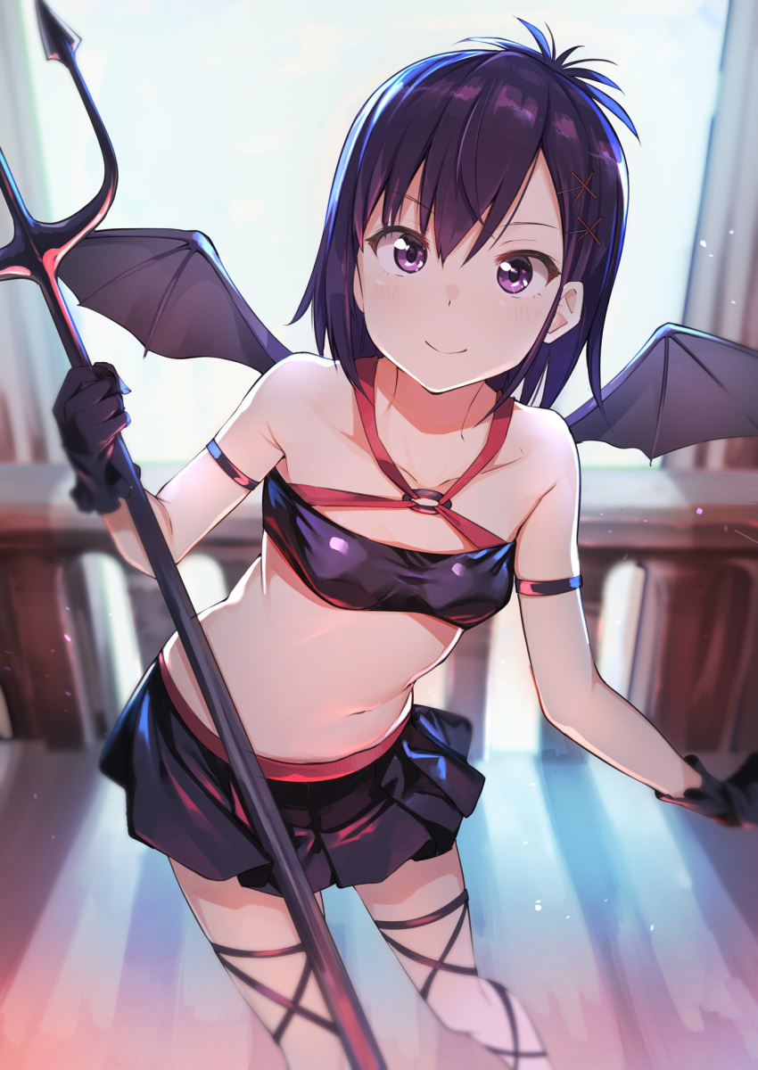 1girl, arm_strap, bandeau, bare_shoulders, black_gloves, black_skirt, blurry, breasts