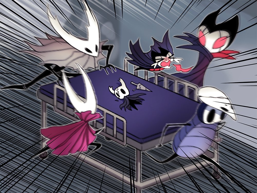 >_<, 1boy, 1girl, 4others, bed, blush, cloak, closed_eyes