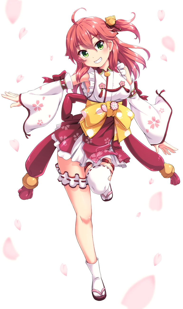 1girl, ahoge, blush, cherry_blossom_print, detached_sleeves, ekakuishikororo, floral_print, frills