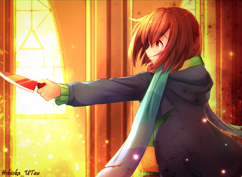 1other, alternate_universe, artist_name, blue_hoodie, blush_stickers, brown_eyes, brown_hair, chara_(undertale), coat, commentary_request, eyebrows_visible_through_hair, green_sweater, highres, holding, holding_knife, jacket, knife, rainbow_scarf, scarf, shioka_rei, short_hair, storyswap, striped, striped_sweater, sunlight, sweater, torn_clothes, undertale, window