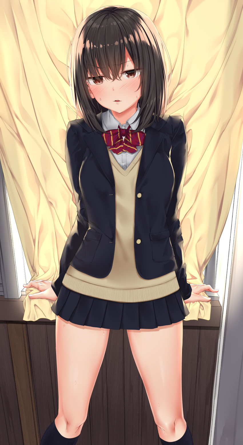 1girl, absurdres, bangs, black_hair, black_legwear, blush, bow, bowtie