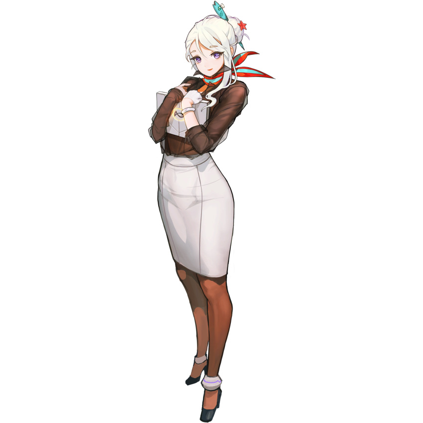 1girl, asymmetrical_bangs, bangs, blouse, brown_legwear, eyebrows_visible_through_hair, fatima_(last_origin), full_body, high_heels, highres, last_origin, looking_at_viewer, pencil_skirt, red_scarf, rorobomb, scarf, see-through, skirt, smile, solo, tachi-e, transparent_background, violet_eyes, white_hair, white_skirt