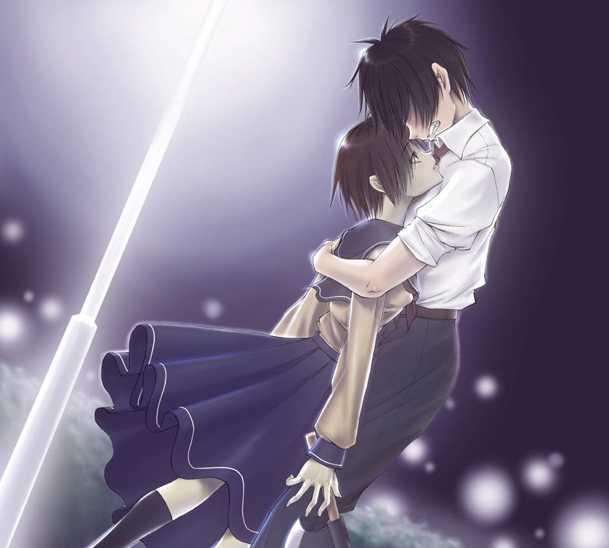 crote, hatchet, higurashi_no_naku_koro_ni, hug, lamppost, maebara_keiichi, night, ryuuguu_rena