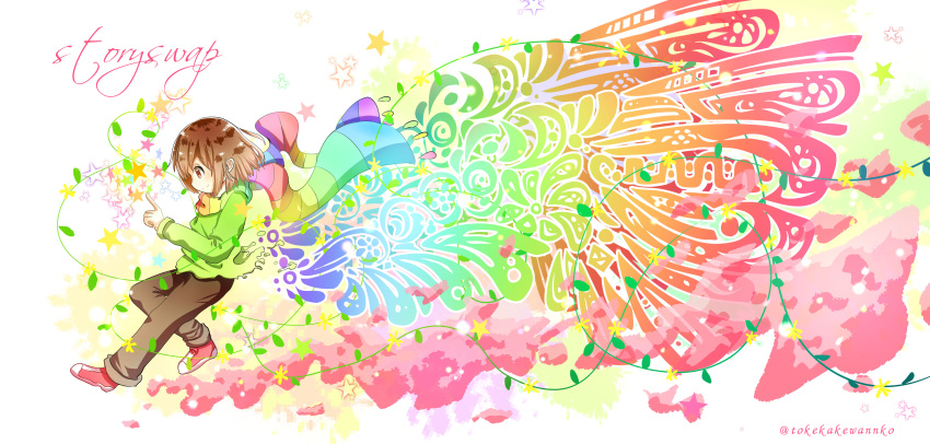 1other, absurdres, alternate_universe, artist_name, brown_eyes, brown_hair, brown_pants, chara_(undertale), copyright_name, green_sweater, highres, large_wings, long_sleeves, multicolored, multicolored_background, pants, rainbow_scarf, scarf, short_hair, solo, star, storyswap, sweater, toku_kekakewanko, undertale, wings