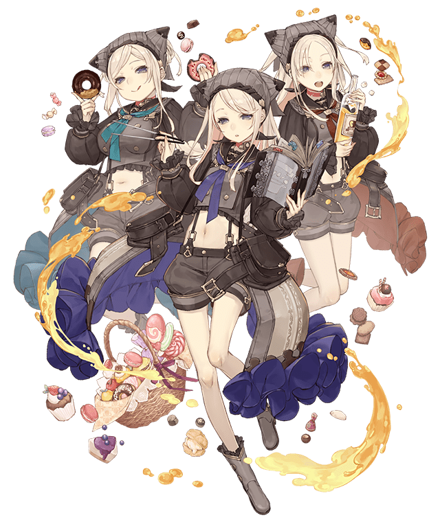 3girls, :d, basket, belt, belt_pouch, blonde_hair, book, breasts, candy, choker, chopsticks, cookie, cupcake, doughnut, eyebrows_visible_through_hair, flat_chest, food, full_body, grey_eyes, hat, ji_no, large_breasts, licking_lips, lollipop, long_hair, looking_at_viewer, midriff, multiple_girls, navel, official_art, open_mouth, plump, pouch, sailor_collar, shorts, sinoalice, skinny, small_breasts, smile, suspenders, three_little_pigs_(sinoalice), tongue, tongue_out, transparent_background, upper_teeth