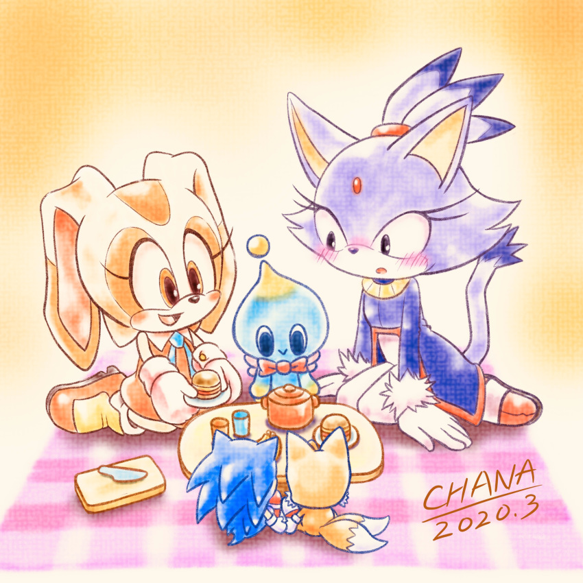 2girls, :o, animal_ears, artist_name, blaze_the_cat, blue_neckwear, blush, bow