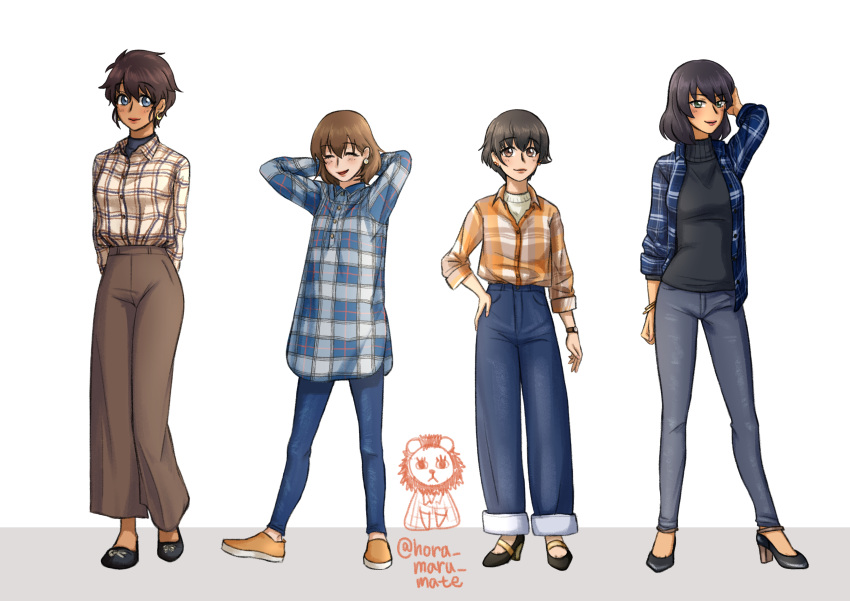 4girls, absurdres, arms_behind_head, bangs, black_footwear, black_shirt, blue_eyes, blue_pants