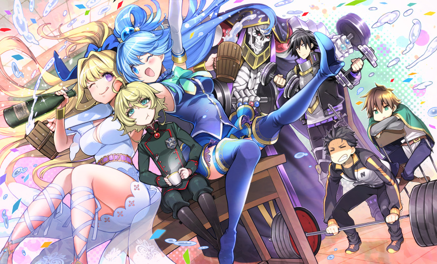 3girls, 4boys, ahoge, ainz_ooal_gown, aqua_(konosuba), black_hair, blonde_hair, blue_eyes, blue_hair, braid, brown_hair, green_eyes, highres, isekai_quartet, iwatani_naofumi, kono_subarashii_sekai_ni_shukufuku_wo!, long_hair, multiple_boys, multiple_girls, natsuki_subaru, overlord_(maruyama), pink_hair, re:zero_kara_hajimeru_isekai_seikatsu, satou_kazuma, short_hair, sitting, tanya_degurechaff, tate_no_yuusha_no_nariagari, toyo_sao, violet_eyes, youjo_senki