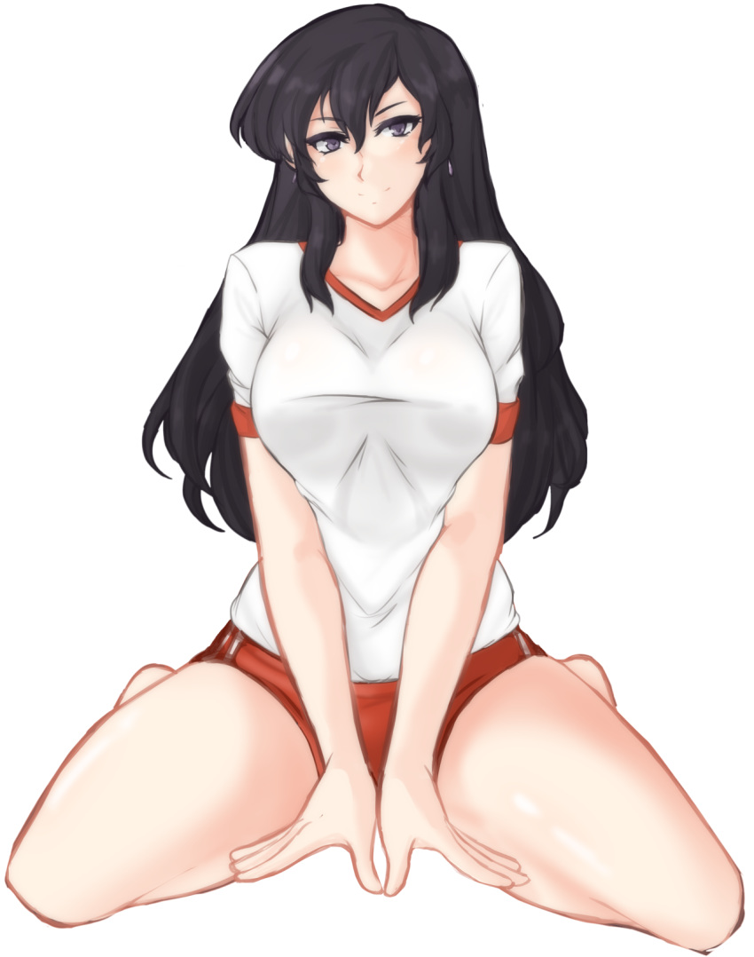 1girl, archived_source, ayra_(fire_emblem), barefoot, between_legs, black_eyes, black_hair, buruma