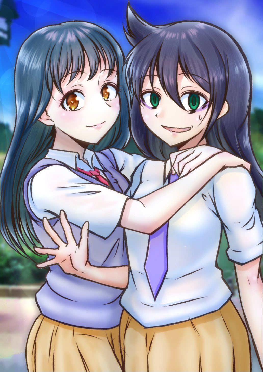 2girls, arms_around_neck, black_hair, blush, green_eyes, highres, kuroki_tomoko, long_hair