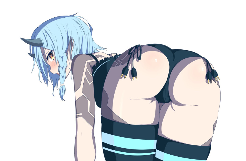 1girl, ass, blue_hair, blush, highres, horns, io_(pso2), light_blue_hair, looking_at_viewer, ofudou, open_mouth, phantasy_star, phantasy_star_online_2, short_hair, simple_background, solo, tattoo, thigh-highs, white_background, yellow_eyes