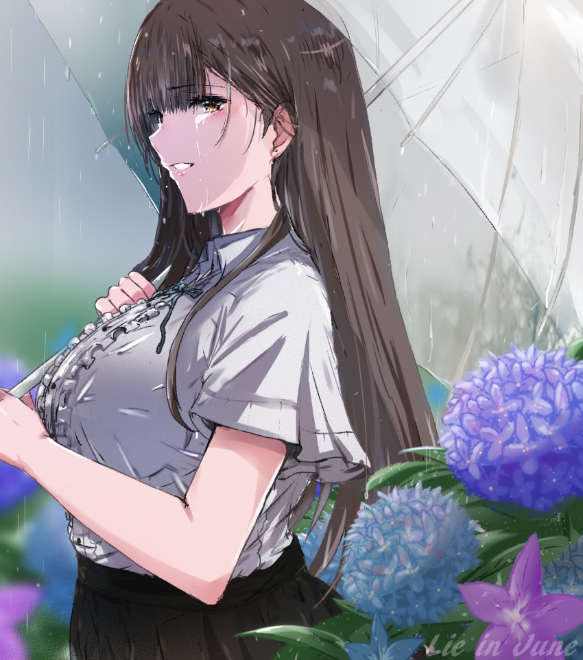 1girl, bangs, black_skirt, brown_eyes, brown_hair, center_frills, collared_shirt, commentary_request