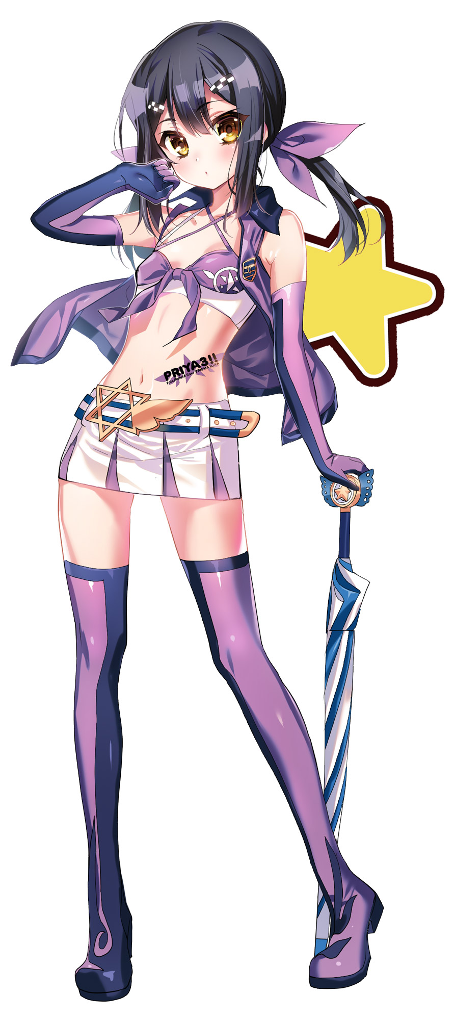 1girl, bangs, bare_shoulders, black_hair, body_writing, boots, brown_eyes, checkered, closed_mouth, closed_umbrella, commentary_request, criss-cross_halter, diagonal_stripes, elbow_gloves, eyebrows_visible_through_hair, fate/kaleid_liner_prisma_illya, fate_(series), front-tie_top, full_body, gloves, hair_between_eyes, hair_ornament, hair_ribbon, hairclip, halterneck, highres, holding, holding_umbrella, long_hair, looking_at_viewer, midriff, miniskirt, miyu_edelfelt, navel, open_clothes, open_vest, pink_ribbon, pleated_skirt, purple_footwear, purple_gloves, purple_legwear, purple_vest, racequeen, ribbon, skirt, solo, standing, star, striped, striped_umbrella, thigh-highs, thigh_boots, twintails, umbrella, vest, white_background, white_skirt, youta