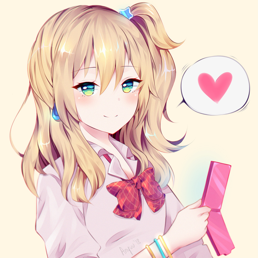 1girl, aihara_yuzu, anyuu, bangle, bangs, blonde_hair, blush, bow