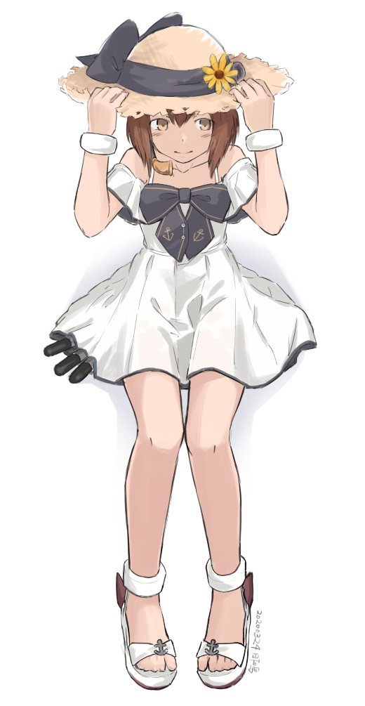 1girl, alternate_costume, brown_eyes, brown_hair, collarbone, dress, hat, headset