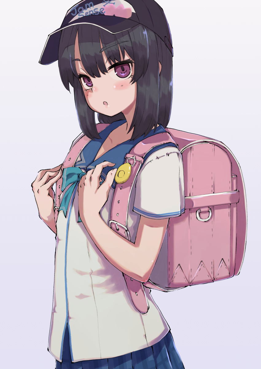 1girl, backpack, bag, bangs, black_hair, eyebrows_visible_through_hair, flat_chest, hat