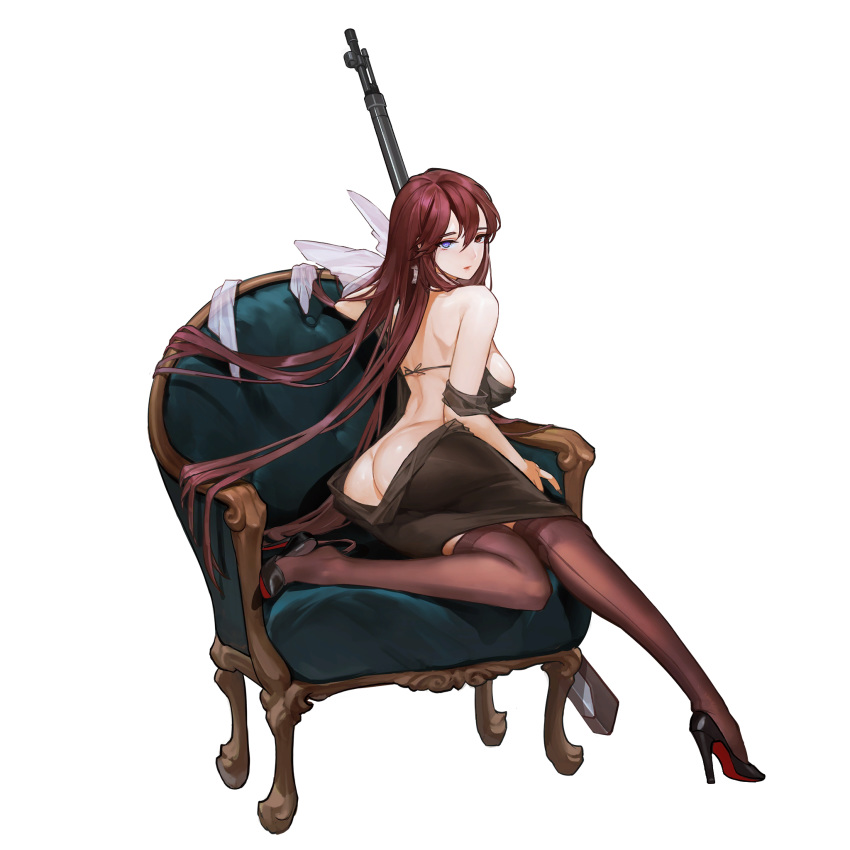 1girl, ass, black_dress, blue_eyes, brown_legwear, chair, dress, from_behind, full_body, gun, heterochromia, high_heels, highres, last_origin, long_hair, looking_at_viewer, looking_back, official_art, red_eyes, rifle, rorobomb, sitting, solo, t-8w_valkyrie, tachi-e, thigh-highs, translated, very_long_hair, weapon