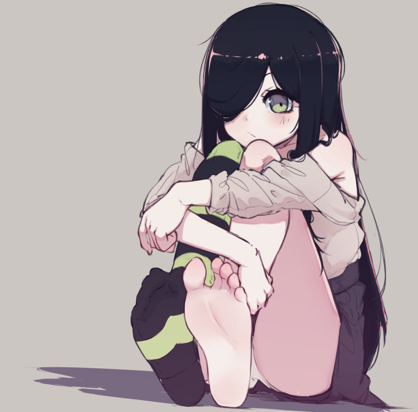 1girl, aria_wintermint, bangs, bare_shoulders, black_hair, feet, highres, long_hair