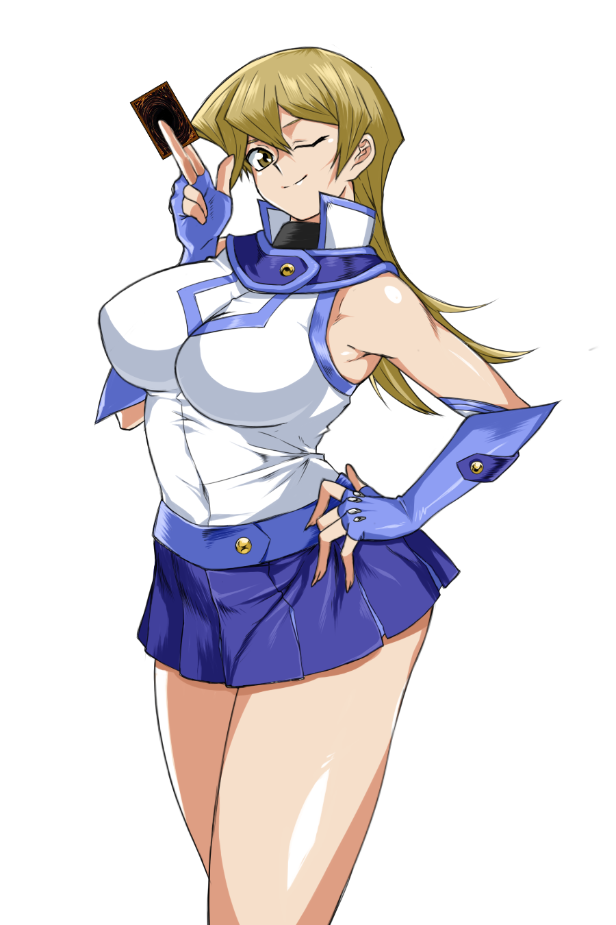 1girl, bangs, bare_shoulders, belt, blue_skirt, breasts, brown_eyes, card, closed_mouth, commentary_request, fingerless_gloves, fingernails, gloves, hand_on_hip, hand_up, highres, hip-hop_nyang-i, holding, large_breasts, long_hair, looking_at_viewer, miniskirt, one_eye_closed, shiny, shiny_hair, shiny_skin, simple_background, skirt, sleeveless, smile, solo, tenjouin_asuka, thighs, white_background, yuu-gi-ou, yuu-gi-ou_gx