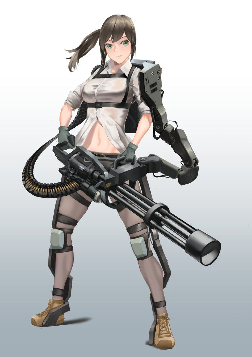 1girl, absurdres, brown_hair, commentary_request, cureeper0210, exoskeleton, full_body, gatling_gun