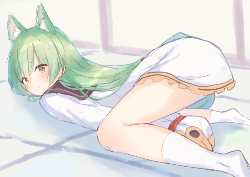 1girl, absurdres, ahoge, akashi_(azur_lane), animal_ears, ass, azur_lane, blush, cat_ears, dress, eyebrows_visible_through_hair, fukunaga_nagisa, green_hair, hair_between_eyes, hair_ornament, highres, long_hair, long_sleeves, looking_at_viewer, lying, on_stomach, school_uniform, serafuku, sleeves_past_wrists, solo, very_long_hair, white_dress