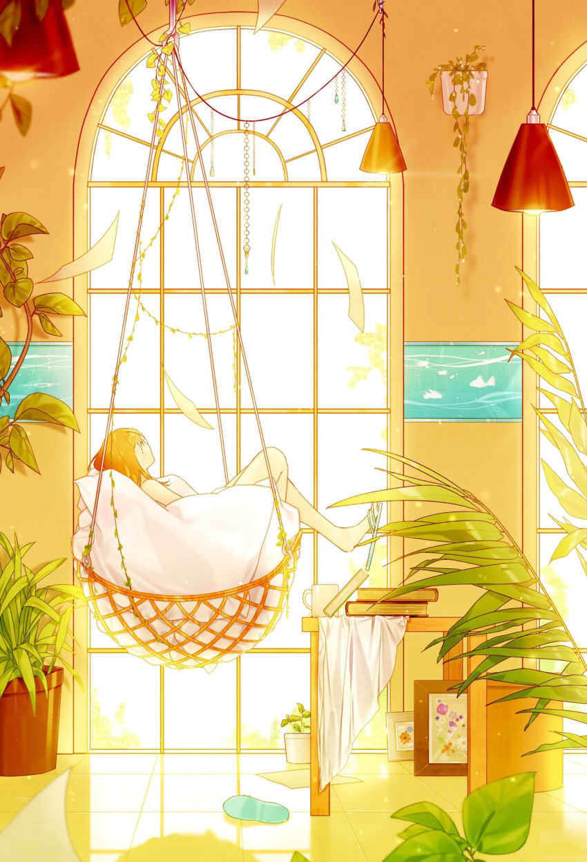 1girl, bare_legs, frame, hammock, harusame_sigu8, highres, indoors, long_hair
